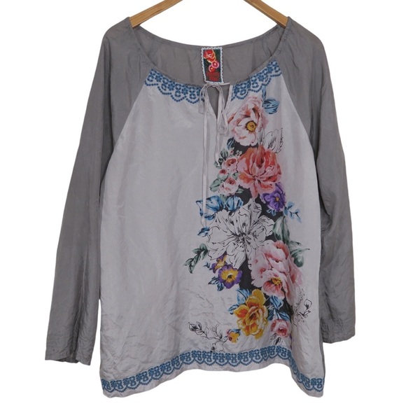 Johnny Was Silk Gray Floral Tunic Top Semi Sheer Boho Oversized Long Sleeve - Picture 1 of 8
